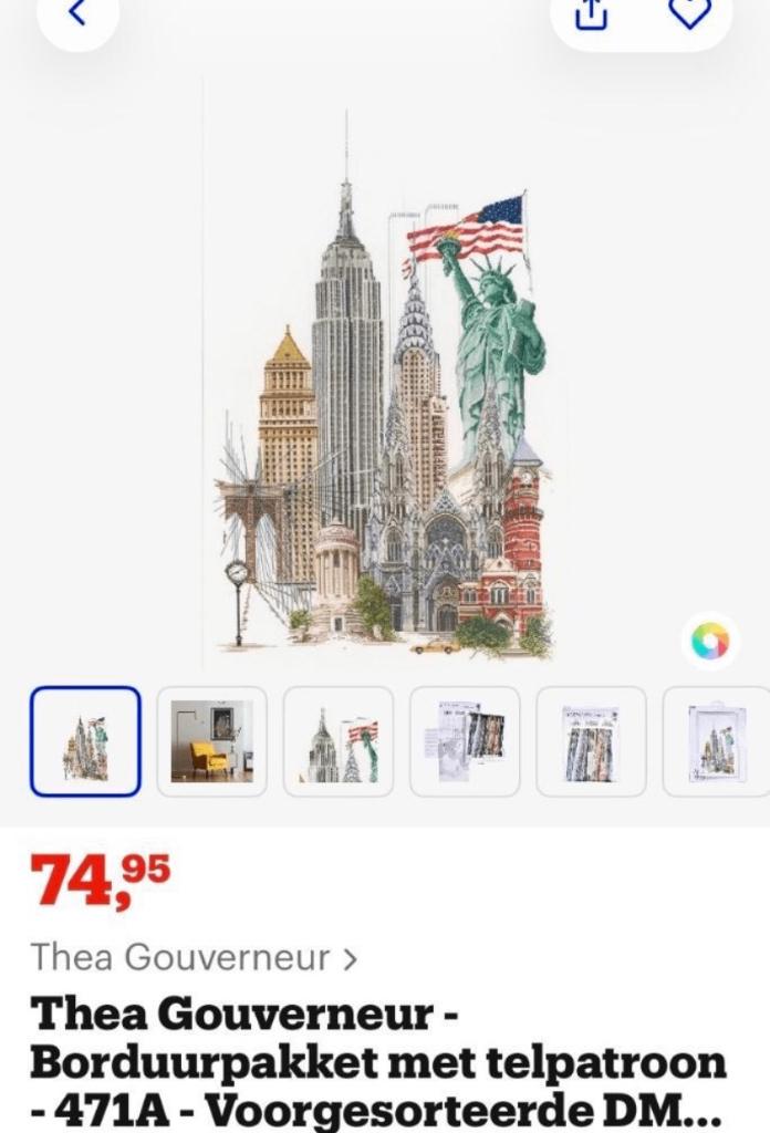 BORDUURPAKKET THEA GOUVERNEUR NEW YORK, Verzenden, Nieuw, Handborduren, Borduurpakket