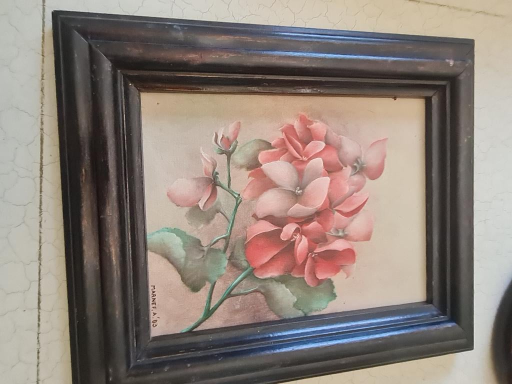 Olieverf schilderij geranium op doek, Antiek en Kunst, Kunst | Schilderijen | Klassiek, Ophalen of Verzenden