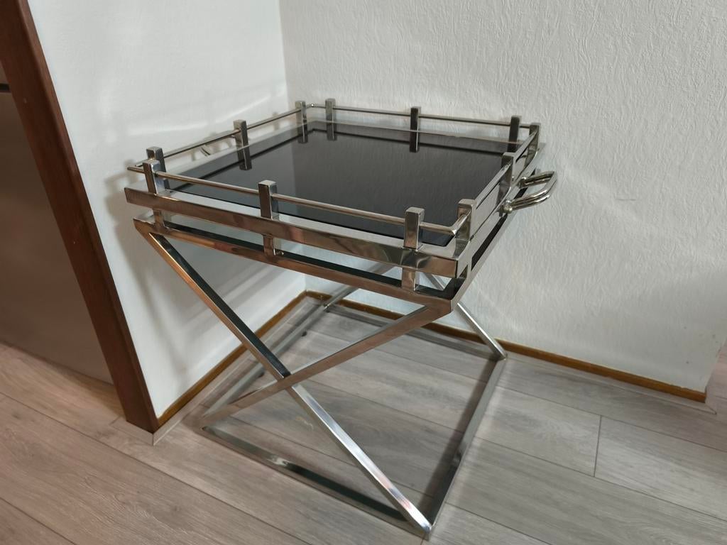 Luxe bijzettafel Eric Kuster stijl – Zilver met zwart glas, Ophalen, 60 cm of meer, Rechthoekig, 55 tot 75 cm