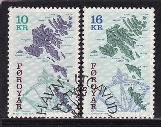 766 - Faroer michel 303/304 gestempeld , Geografische kaart, Verzenden, Denemarken, Gestempeld