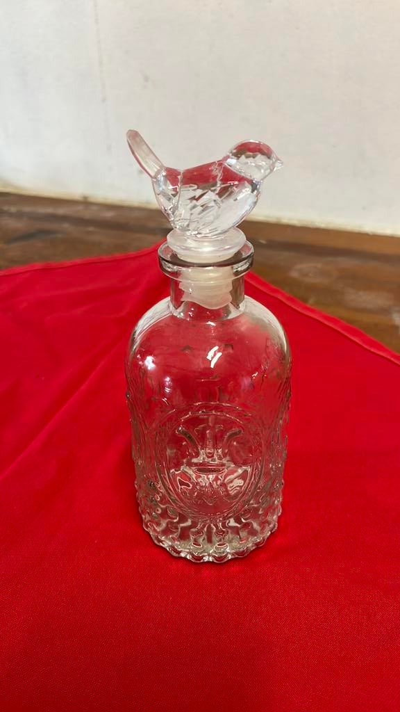 Vintage Glazen  Parfumflesje met een vogelvormige stop, Antiek en Kunst, Ophalen of Verzenden