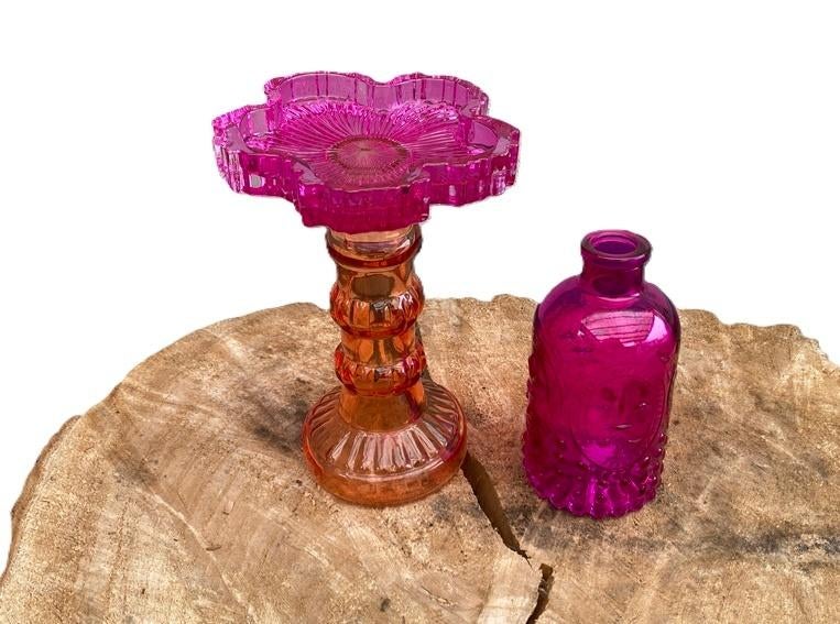 Kandelaar Flower Fuchsia Oranje Glas 12x17,5cm blokkaars, Overige materialen, Overige kleuren, -, -