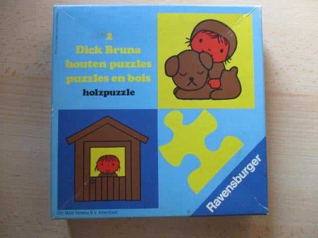 Dick Bruna houten puzzeldoosje 2x 9 stukjes Ravensburger1977, Ophalen of Verzenden, Gebruikt