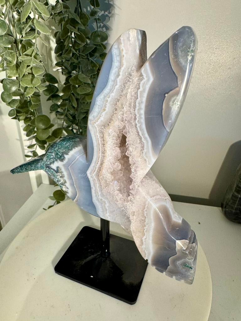 Mos agaat druzy kolibrie vogel op standaard, Ophalen of Verzenden