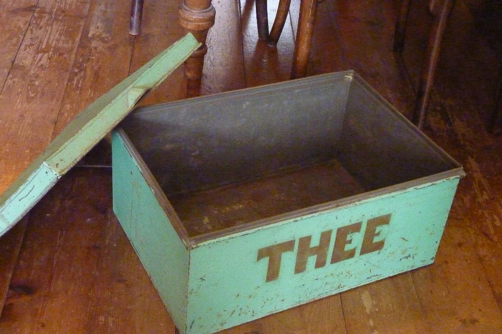 Oude patina mint-groene Thee winkelblik, Verzamelen, Blikken, Ophalen of Verzenden, Gebruikt, Thee, Overige merken