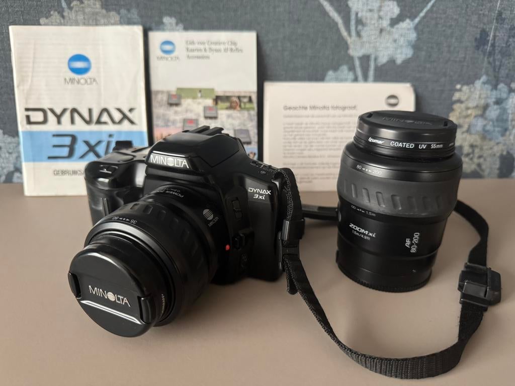 Minolta Dynax 3xi camera met 2 lenzen, filters, zonnekap tas, Audio, Tv en Foto, Fotocamera's Analoog, Ophalen of Verzenden, Gebruikt