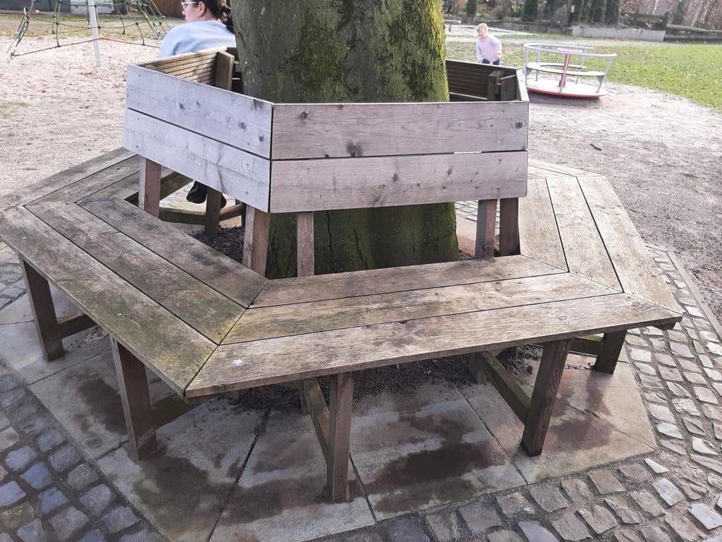 Zeshoekige houten boombank - 250 cm zijde, Ophalen of Verzenden, Gebruikt, Hout