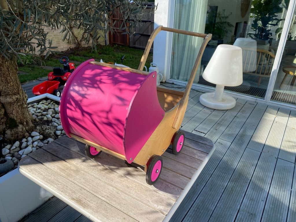 Van Dijk houten poppenwagen roze, Ophalen, Gebruikt, Babypop