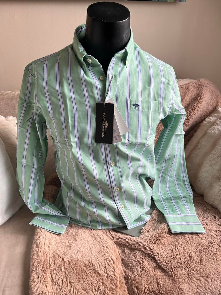 Fynch Hatton Overhemd L - Groen met Wit/Blauw Streepdessin, Verzenden, Nieuw, Groen, Halswijdte 41/42 (L)