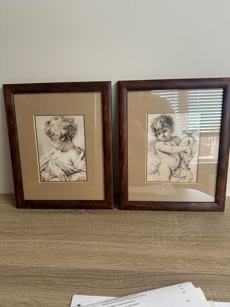 2 Schitterende Schilderijtjes met Klassieke Engelenprints, Ophalen of Verzenden