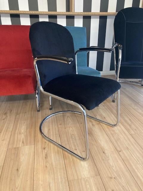 8 Gispen 413 RL stoelen, chroom, nieuwe zwarte ribstof, Zwart, Design, Zo goed als nieuw, Stof