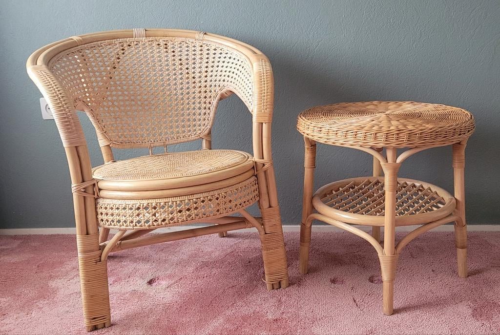 Rotan bistro setje - stoel en tafeltje, Ophalen, Gebruikt, Bruin, Boho, Vintage, Natuurlijk