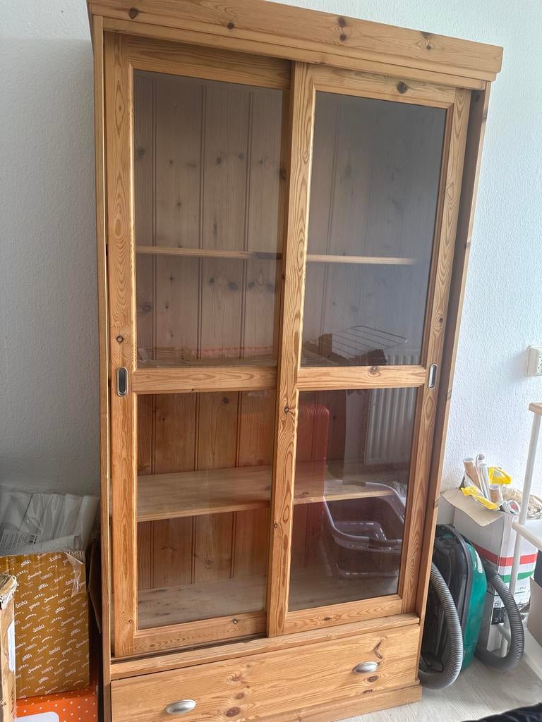 Houten vitrinekast met glazen schuifdeuren en lades, Ophalen, Gebruikt, 50 tot 100 cm, Met lade(s)
