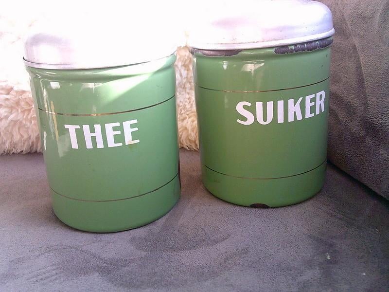 VINTAGE 2 groen emaillen bussen thee en suiker SETPRIJS, Ophalen of Verzenden