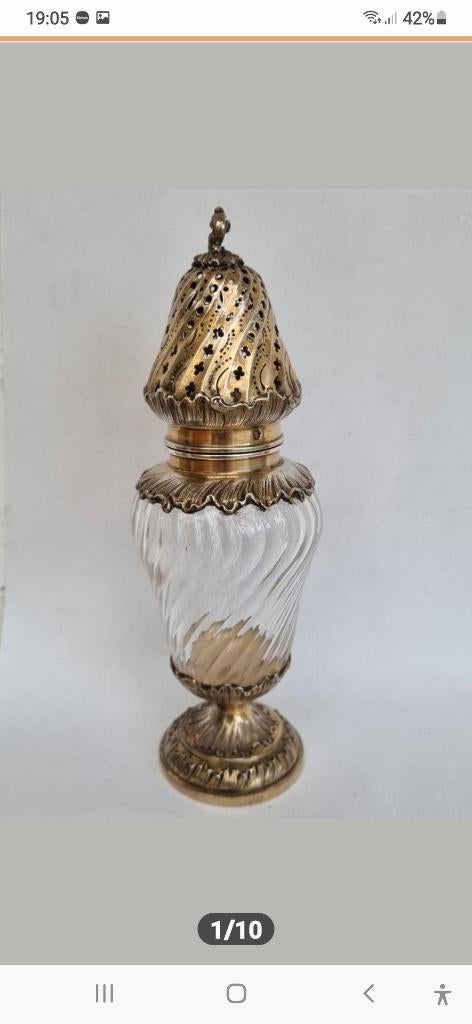 ZILVER VERGULDE SUIKER STROOIER m. KRISTALGLAS ART NOUVEAU, Verzenden, Zilver