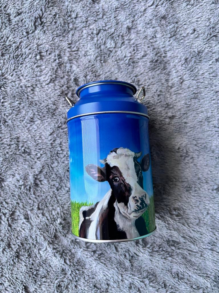 Blauwe spaarpot met koeienafbeelding, Ophalen of Verzenden, Gebruikt, Metaal of Blik, Dier