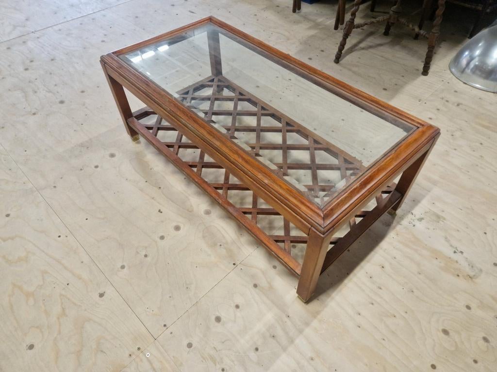 Houten salontafel met glazen blad, Gebruikt, 100 tot 150 cm, Glas, Minder dan 50 cm