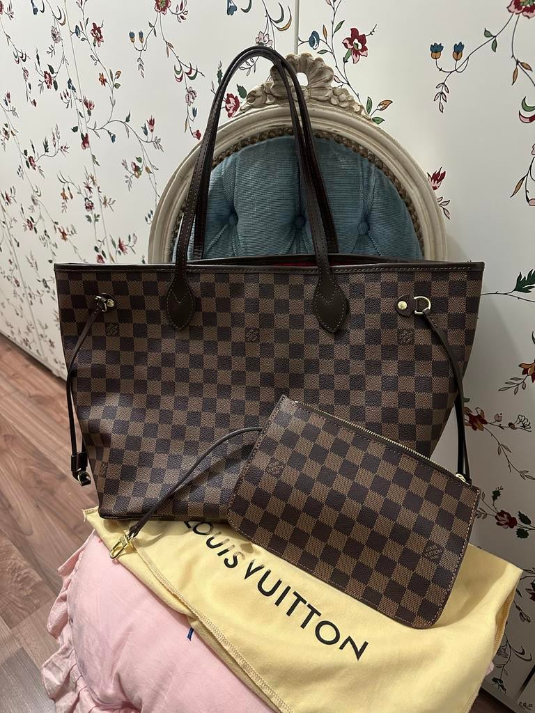 Neverfull tas met ruitjespatroon en klein tasje, Ophalen of Verzenden, Zo goed als nieuw, Bruin, Handtas