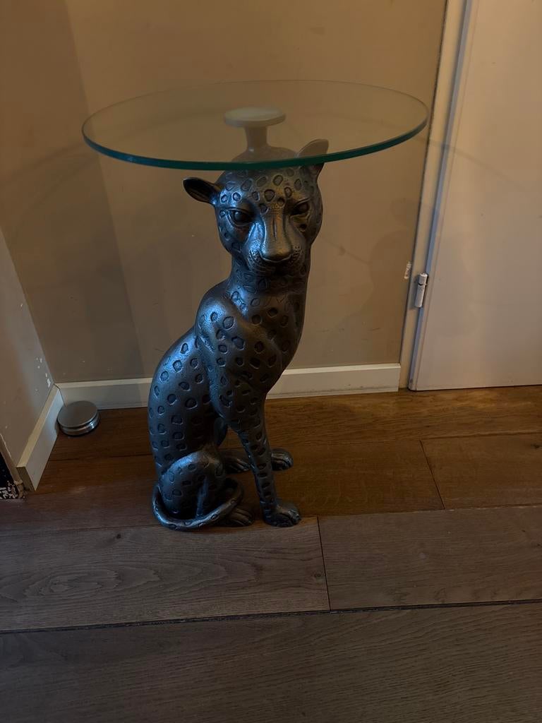 Bijzettafel met panter en glazen blad - Zo goed als nieuw, Ophalen, Minder dan 55 cm, Rond, 60 cm of meer