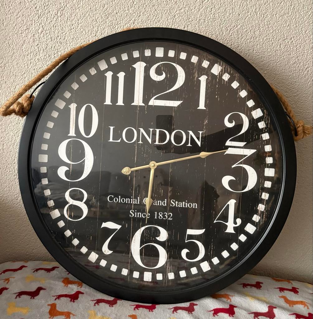 Grote Industriële Hangklok London - Zwart met Touw, Ophalen, Gebruikt, Analoog, Wandklok