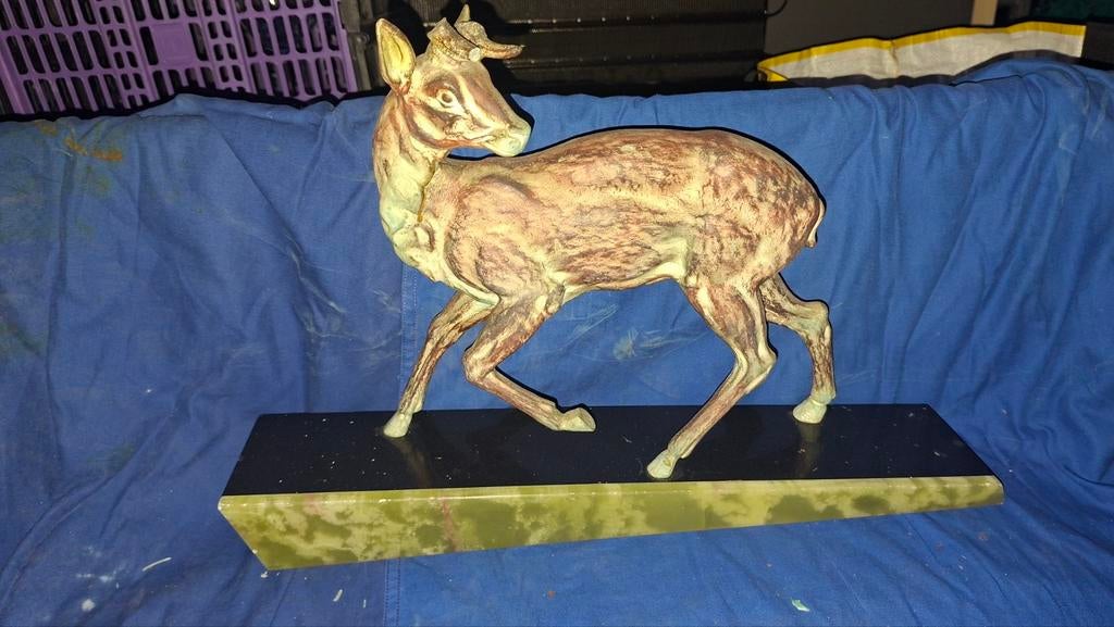 Vintage Hertenbeeld op Sokkel - Bronskleurig, Ophalen, Gepatineerd, 20 - 50 cm, Beeld