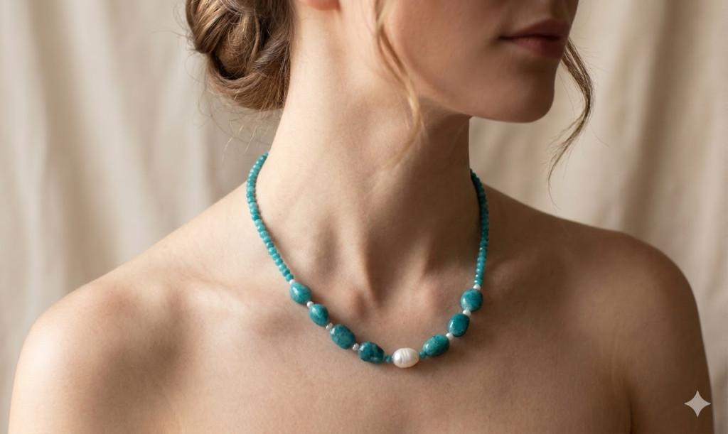 Exclusieve Ketting Apatiet Natuursteen Parel Handgemaakt, Ophalen, Nieuw, Zilver, Steen of Mineraal