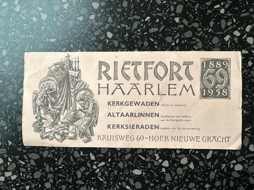 Vloeiblad Rietfort Haarlem. Kerkgewaden Altaarlinnen 1958, Verzamelen, Merken en Reclamevoorwerpen, Ophalen of Verzenden, Gebruikt