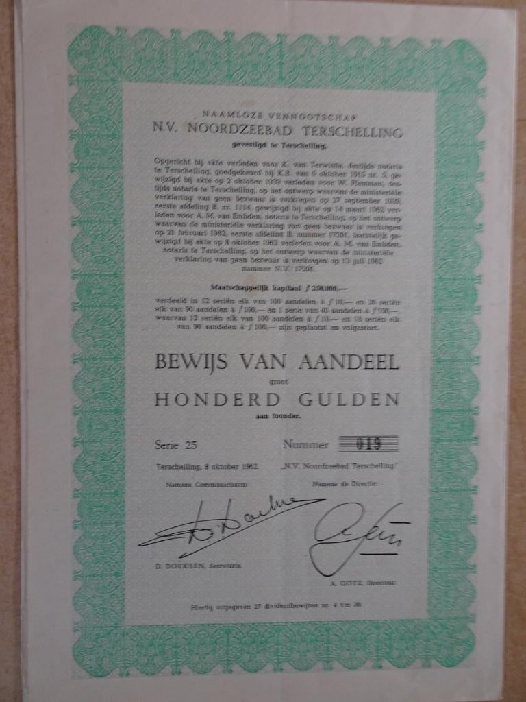 Aandeel 100 gulden Noordzeebad Terschelling.  ZELDZAAM, Ophalen of Verzenden, Aandeel