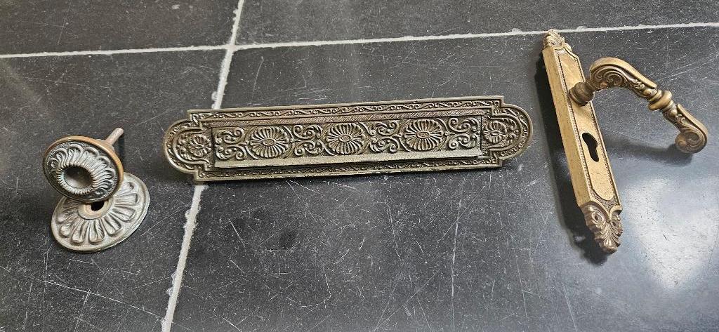 Antiek koperen Art Deco deurbeslag inclusief slot SKG**, Ophalen of Verzenden