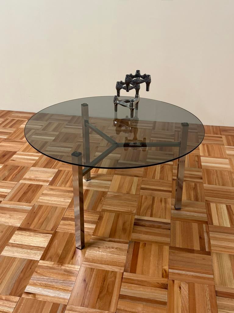 Vintage chrome metaal salontafel rookglas blad zwart retro, Huis en Inrichting, Tafels | Bijzettafels, Gebruikt, Rond, 45 tot 60 cm