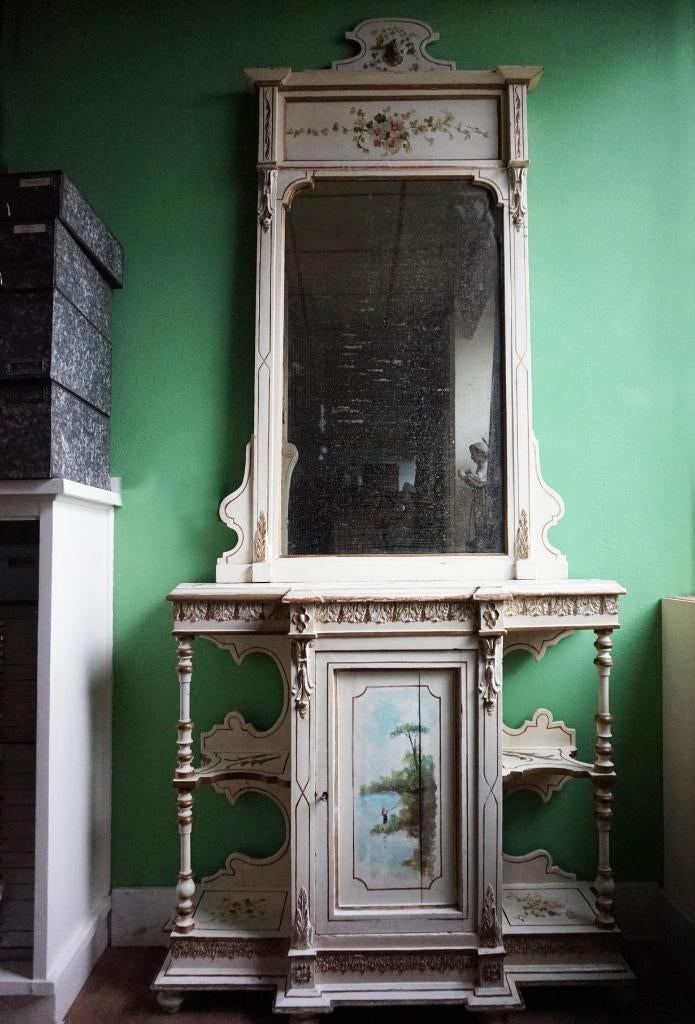 Beschilderd houten schouw spiegel op console kast/side table, Ophalen, Rechthoekig