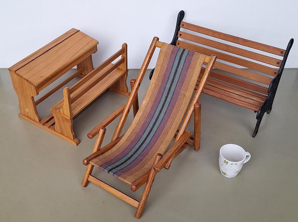 3st vintage miniatuur strand-stoel tuinbankje en school-bank, Ophalen of Verzenden, Huis en Inrichting