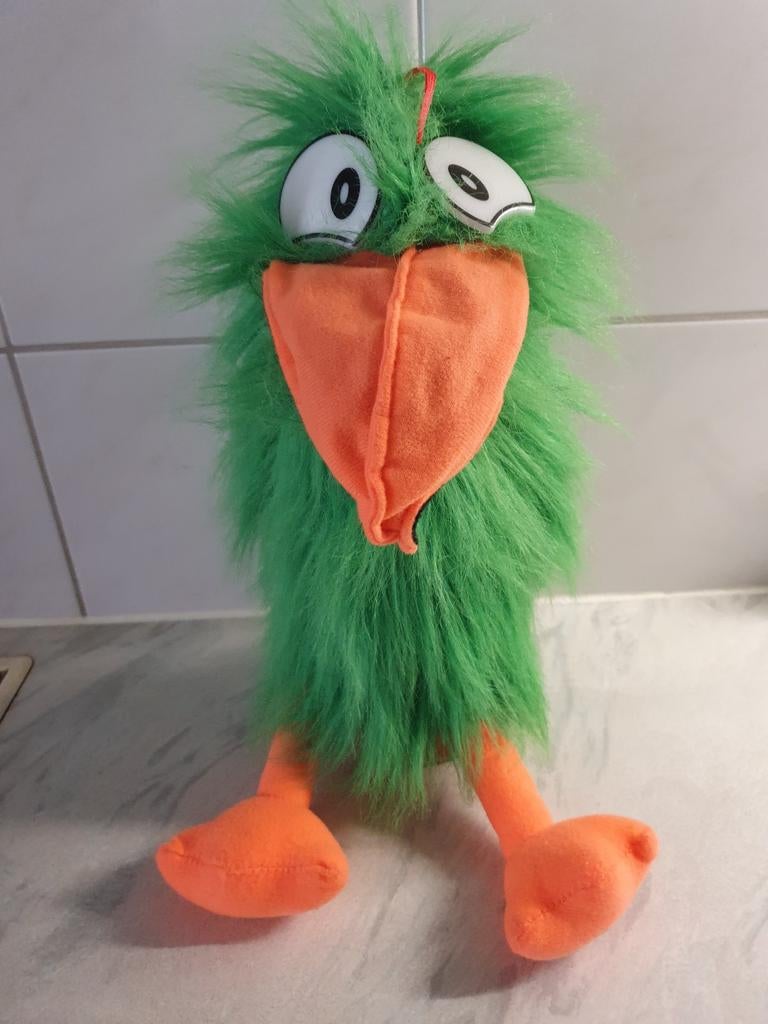 Handpop, vogel 38 cm, groen pluche, maakt geen geluid, Ophalen of Verzenden