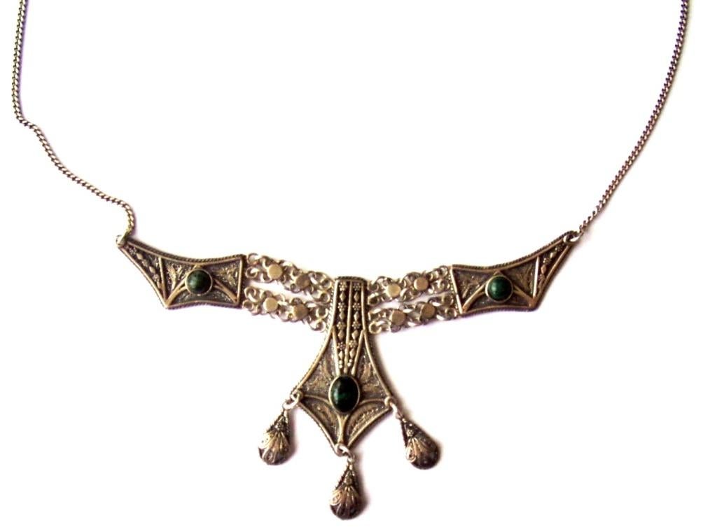 925 zilveren hanger met ketting collier malachiet, Antiek, Sieraden, Tassen en Uiterlijk, Antieke sieraden, Ophalen, Zilver, Ketting