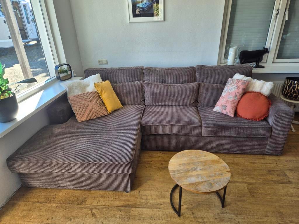 Grijs/bruine ribstof hoekbank, Ophalen of Verzenden, Vierpersoons of meer