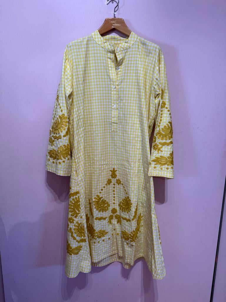 Zomerjurk 100% katoen geel geruit handgeborduurd India, Kleding | Dames, Geel, Maat 42/44 (L), Nieuw, Ophalen of Verzenden