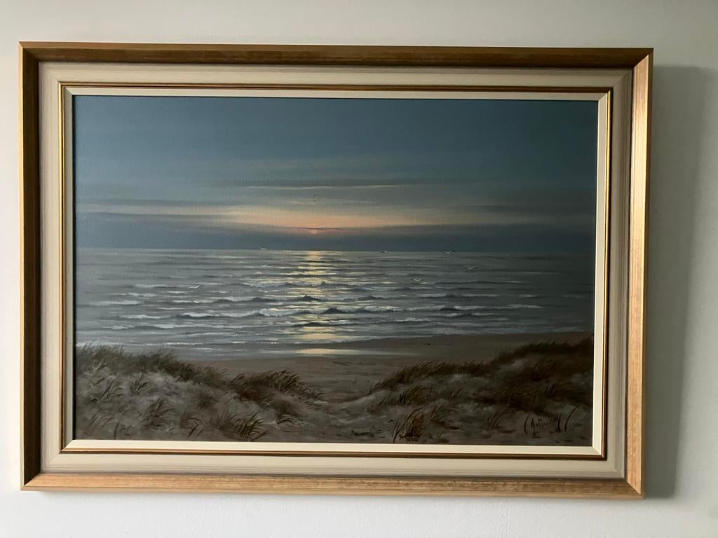 Schilderij op doek met lijst: Zeegezicht bij zonsondergang, Antiek en Kunst, Kunst | Schilderijen | Klassiek, Ophalen