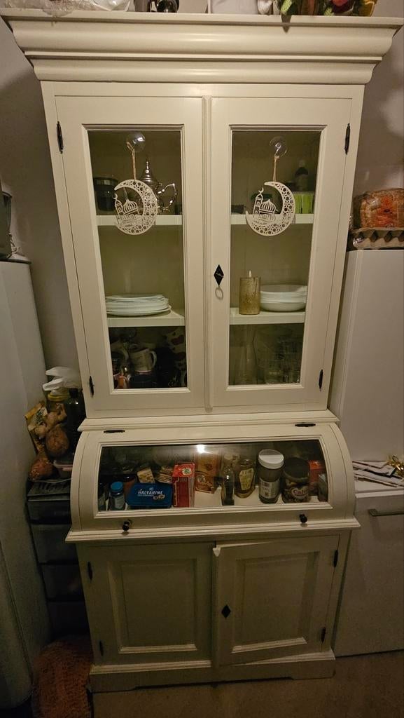 White wash buffetkast met glazen deuren en slot., Ophalen of Verzenden, Gebruikt, 25 tot 50 cm, 200 cm of meer