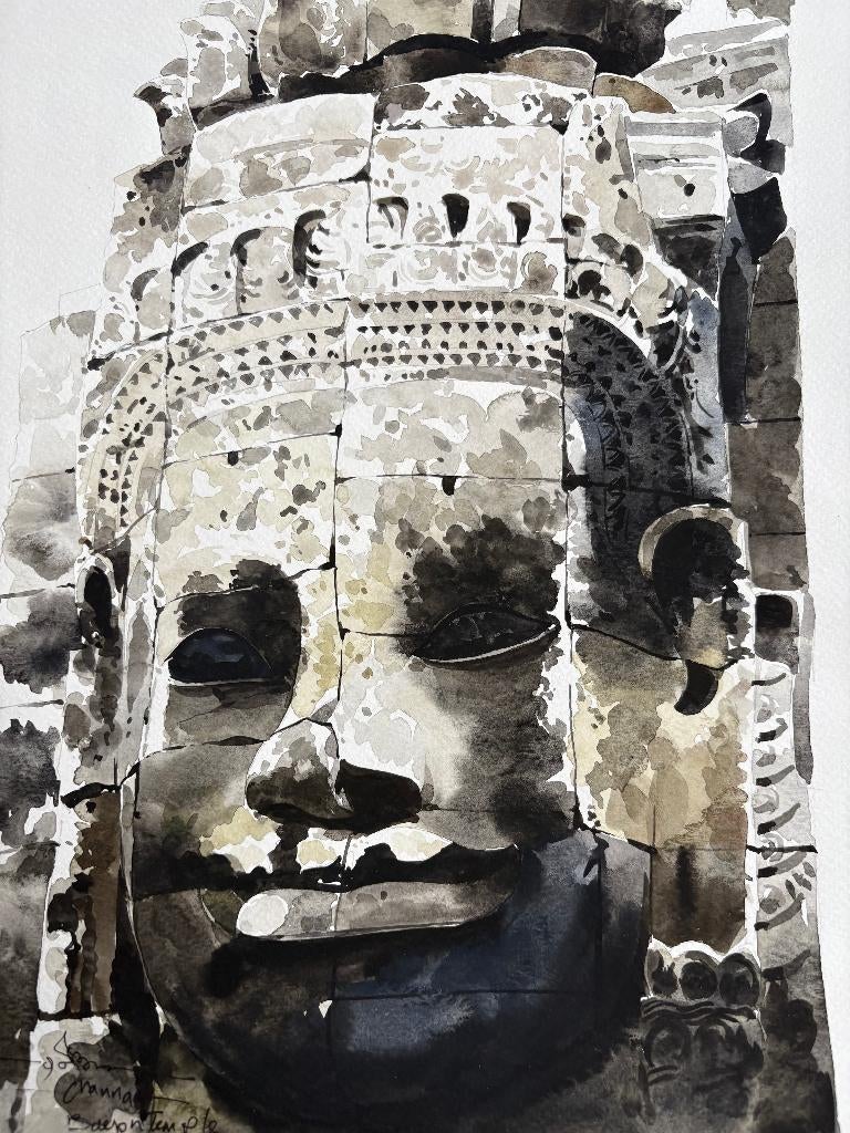 Aquarel van de Bayon tempel, Cambodja (gesigneerd: Channa), Antiek en Kunst, Ophalen of Verzenden