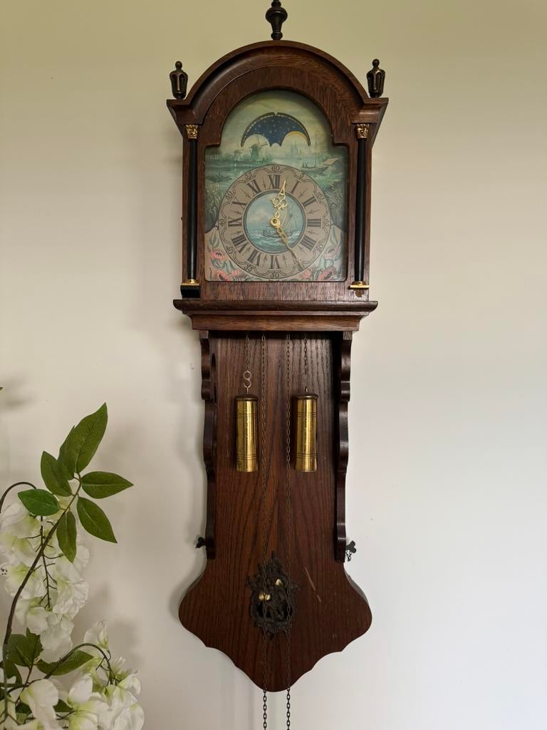 Wandklok met maanstand – WUBA / Warmink – werkend, Antiek en Kunst, Antiek | Klokken, Ophalen