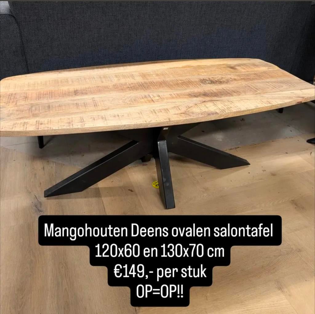 Mangohouten Deens ovalen salontafel 120x60 en 130x70 cm, Huis en Inrichting, Tafels | Salontafels, Ophalen, 100 tot 150 cm, Nieuw