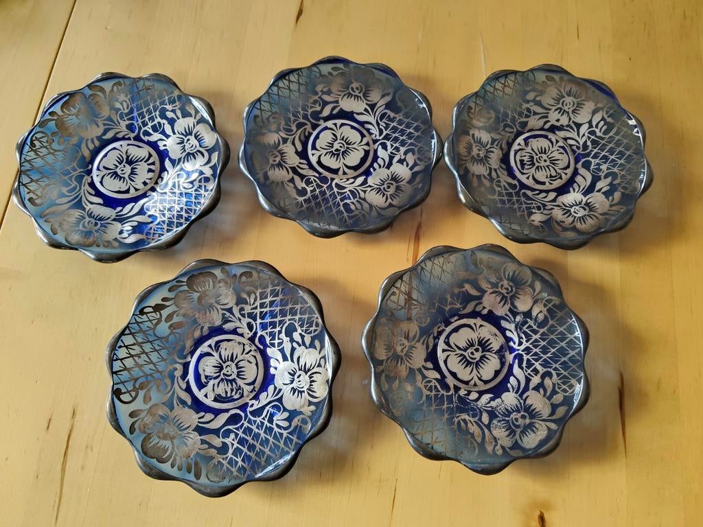 5x antique cobalt blue silver overlay plates, Ophalen of Verzenden