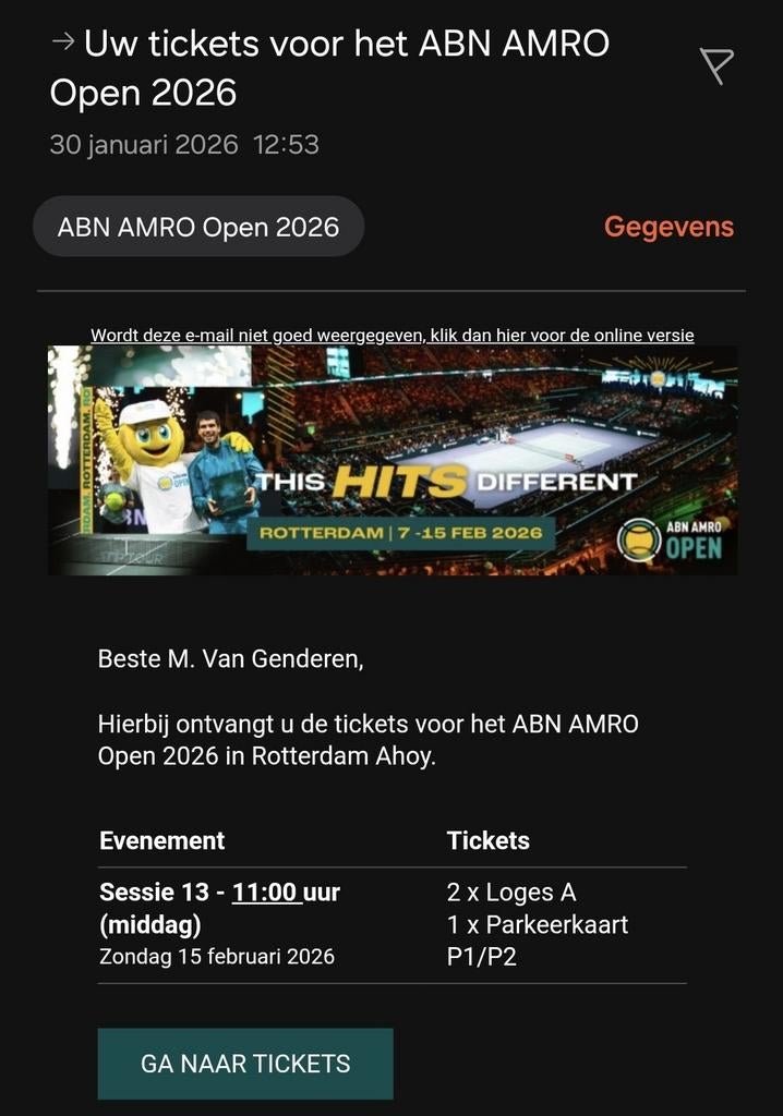 VIP finale kaarten ABN AMRO tennistoernooi, Tickets en Kaartjes, Evenementen en Festivals, Twee personen