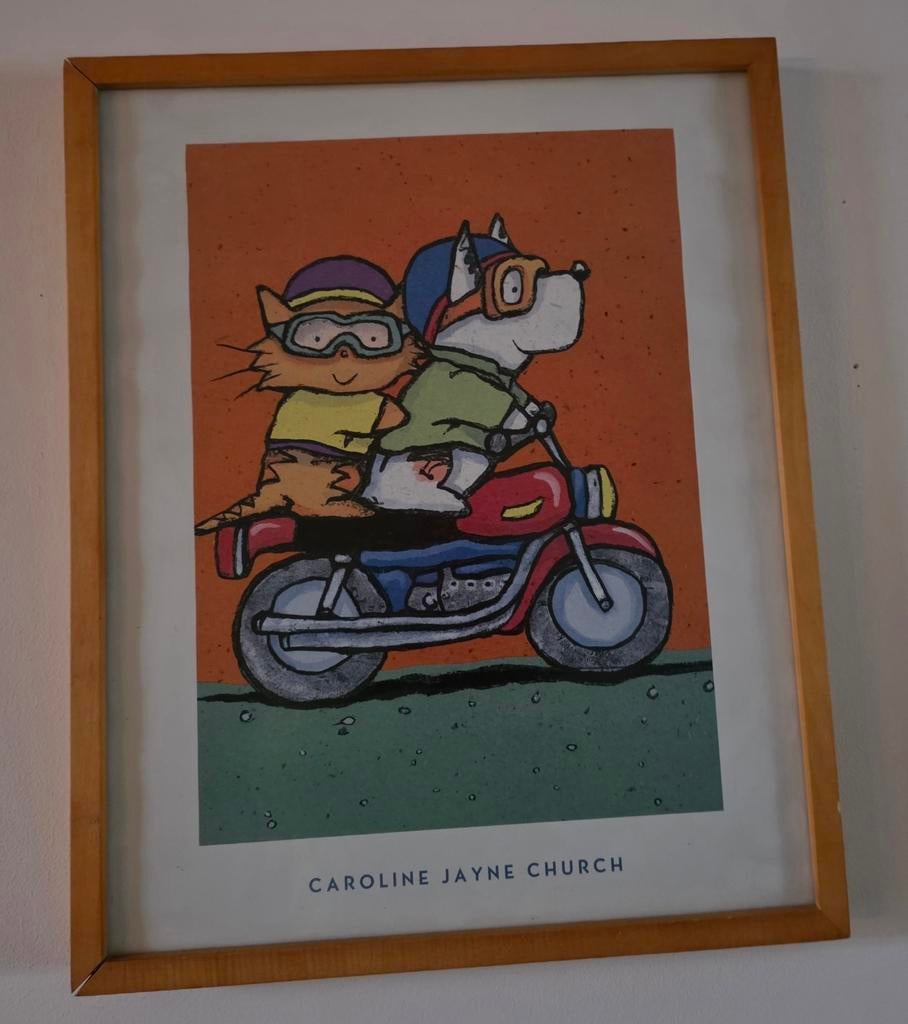 Caroline Jayne Church Print - Kat en Hond op Motor, Ophalen of Verzenden