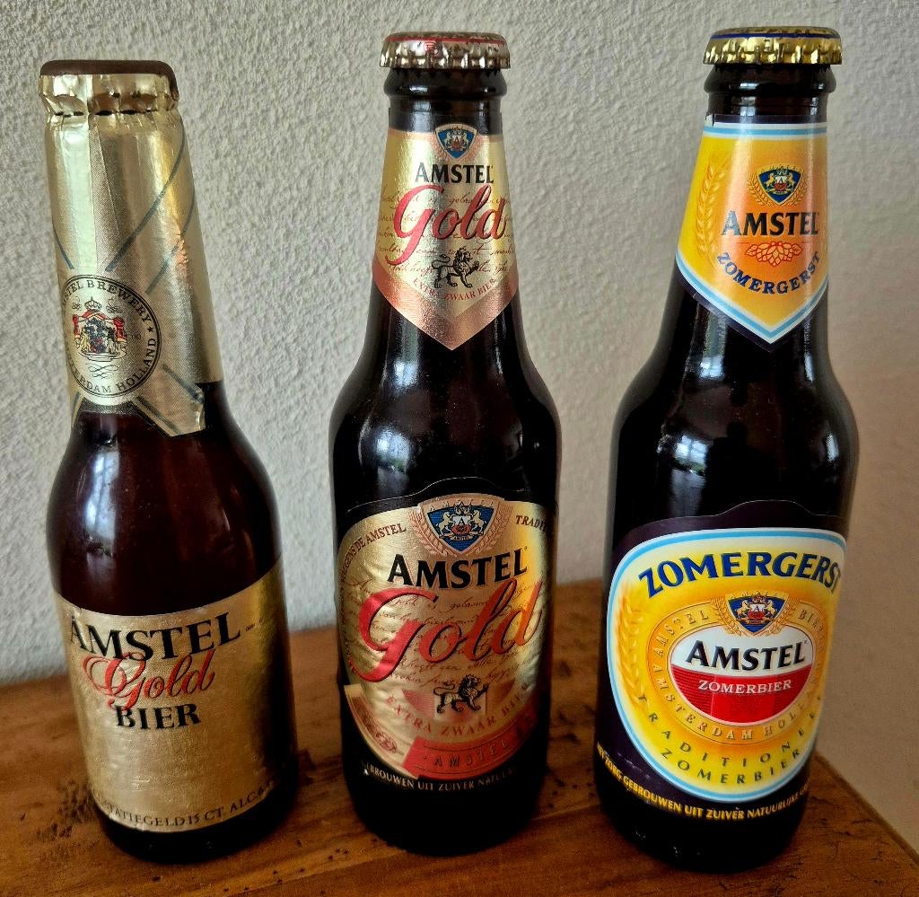 3 hele oude volle flessen AMSTEL GOLD BIER collector's item, Verzamelen, Biermerken, Ophalen of Verzenden, Zo goed als nieuw, Flesje(s)