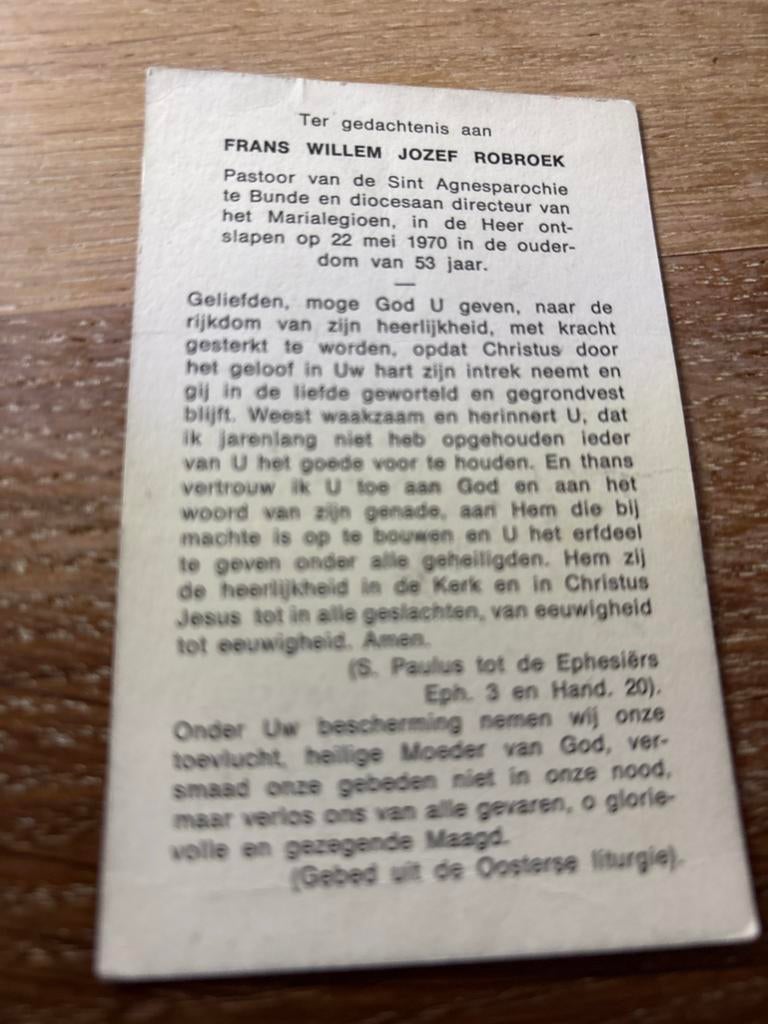 Robroek Frans 1970  Pastoor Bunde  - 28374, Verzamelen, Bidprentjes en Rouwkaarten, Ophalen of Verzenden, Bidprentje