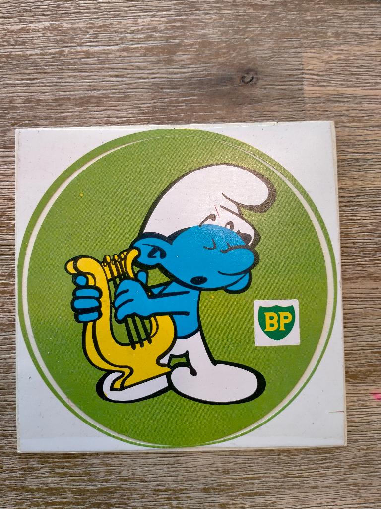 Smurfen smurf vintage BP tankstation sticker harp, Ophalen of Verzenden, Zo goed als nieuw, Strip of Tekenfilm