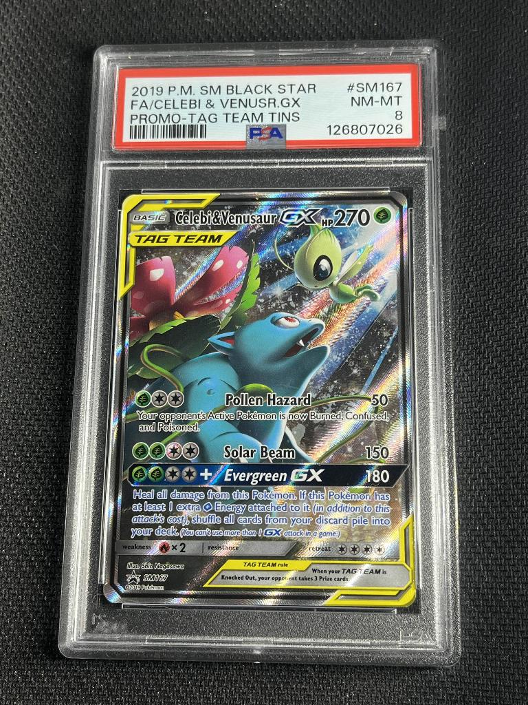 PSA 8 Celebi & Venusaur GX (SM 167), Hobby en Vrije tijd, Verzamelkaartspellen | Pokémon, Ophalen of Verzenden, Nieuw, Losse kaart