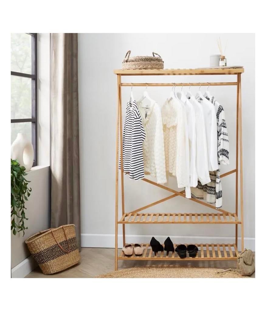 3x Bamboe Kledingrek hangrek kleding met Planken, Kleding | Dames, Kledingrekken, Ophalen, Zo goed als nieuw
