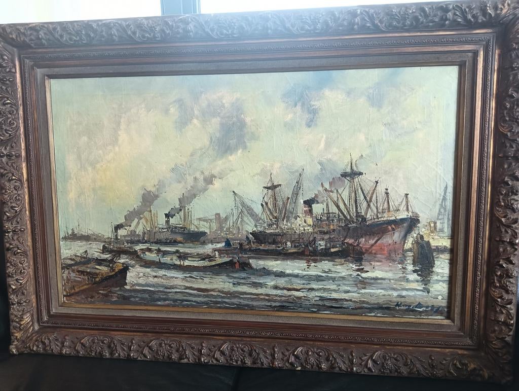 Wim Bos (1906-1974) olieverf  stoomschepen Rotterdamse haven, Ophalen